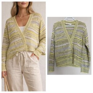 ASTR Size S Cotton Blend Faux Wrap Knit Sweater Yellow White Coastal Grandma